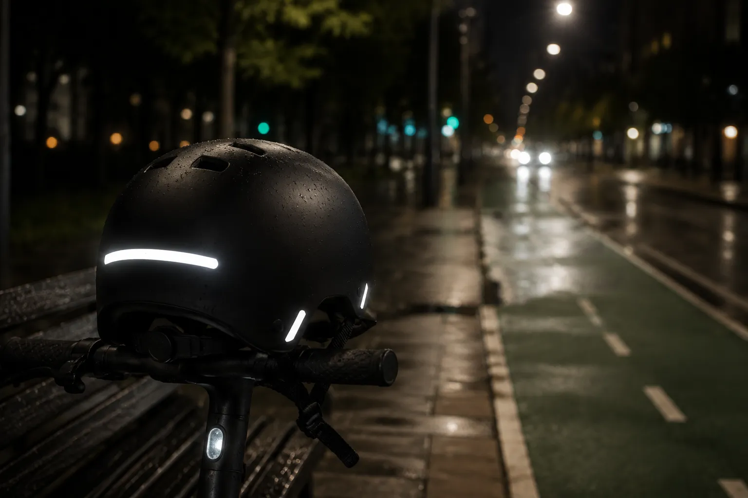 Black e-scooter helmet with reflective details glowing at night