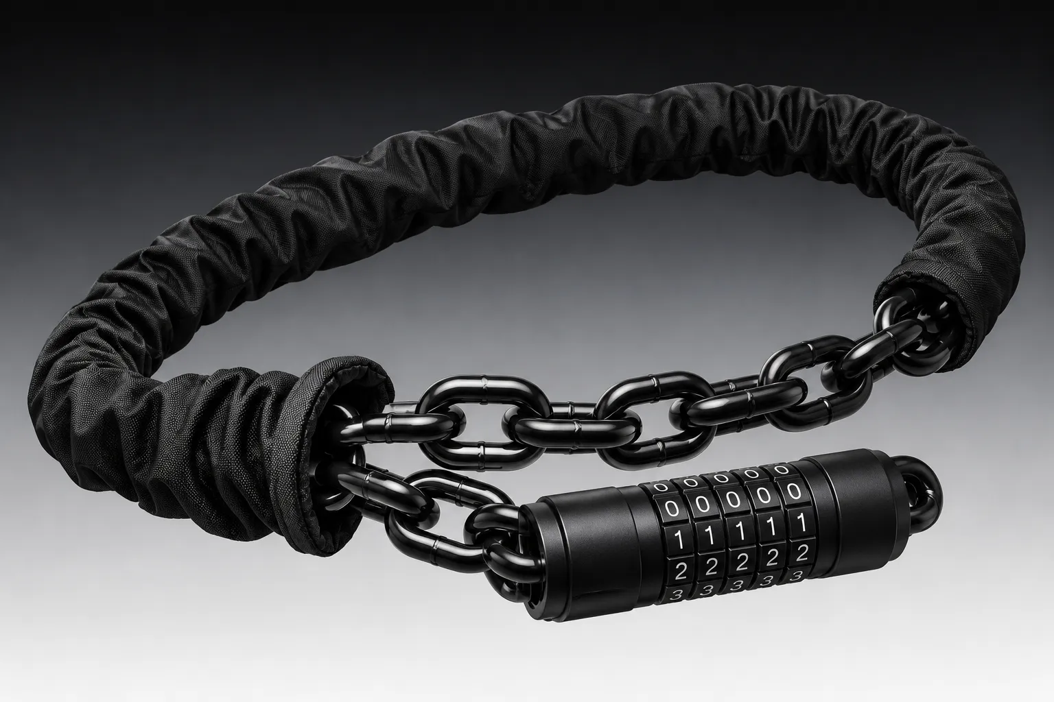 Chain lock with nylon sleeve pulled back revealing hardened steel chain links