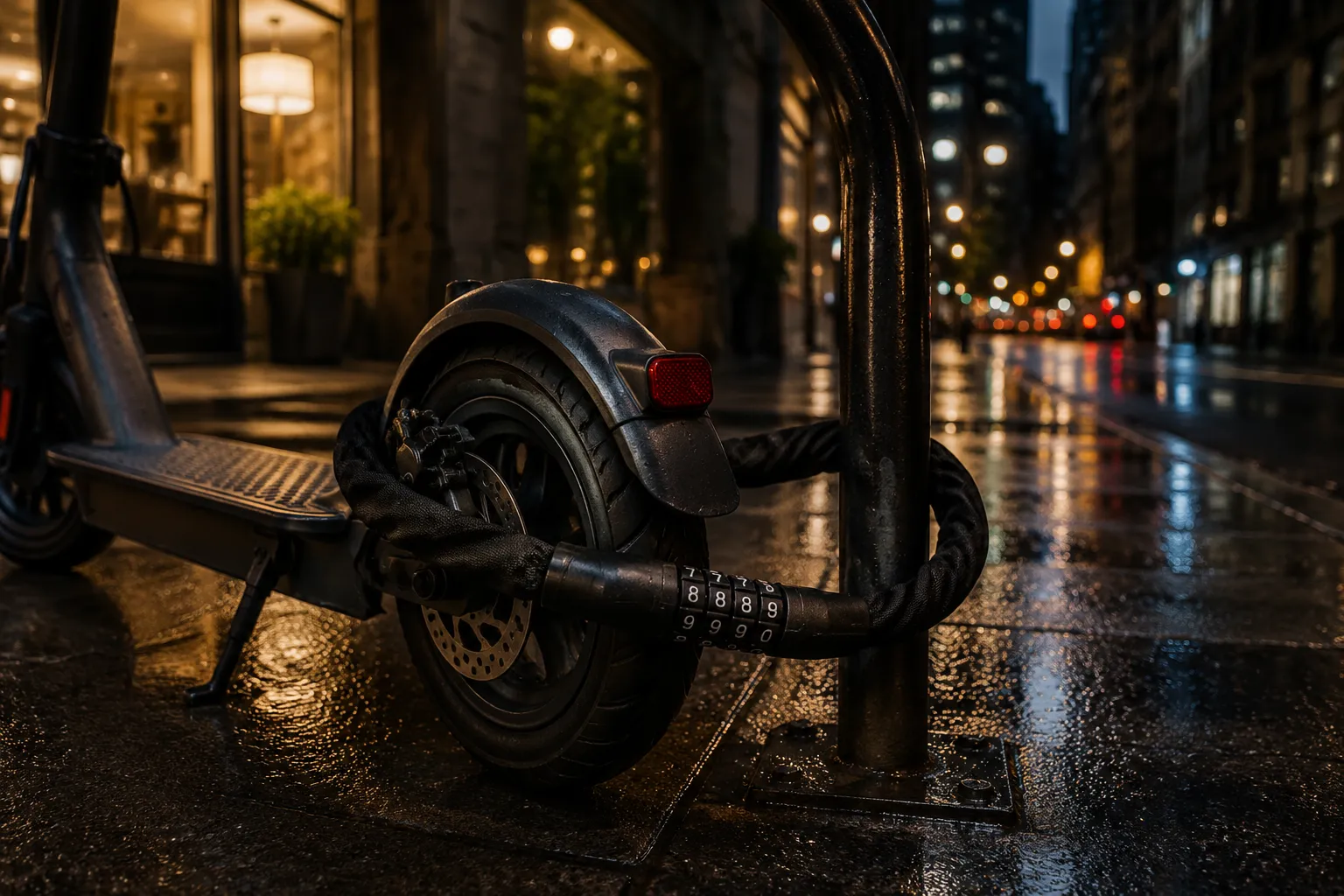 Chain lock securing scooter to post at night