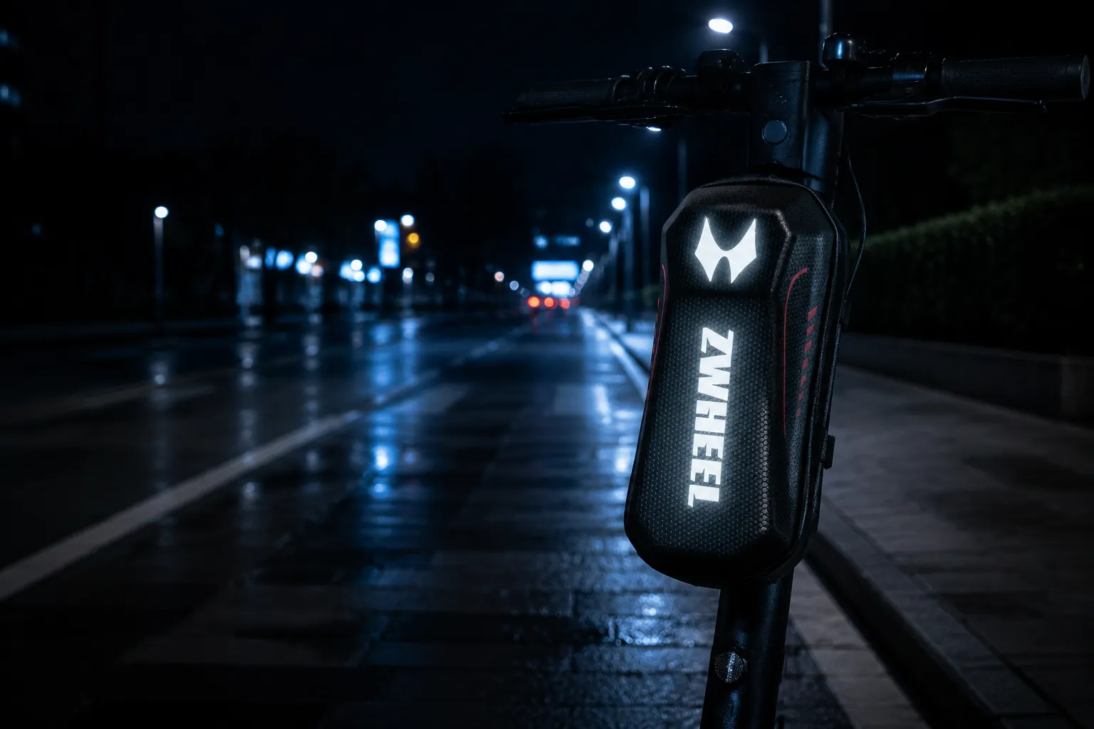 ZWHEEL scooter bag reflecting light at night on a scooter stem