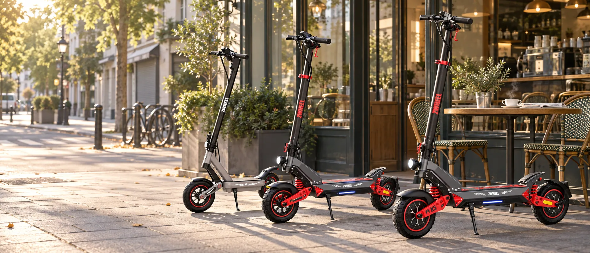 The three Zwheel daily-travel scooters parked outside a corner café in the early morning