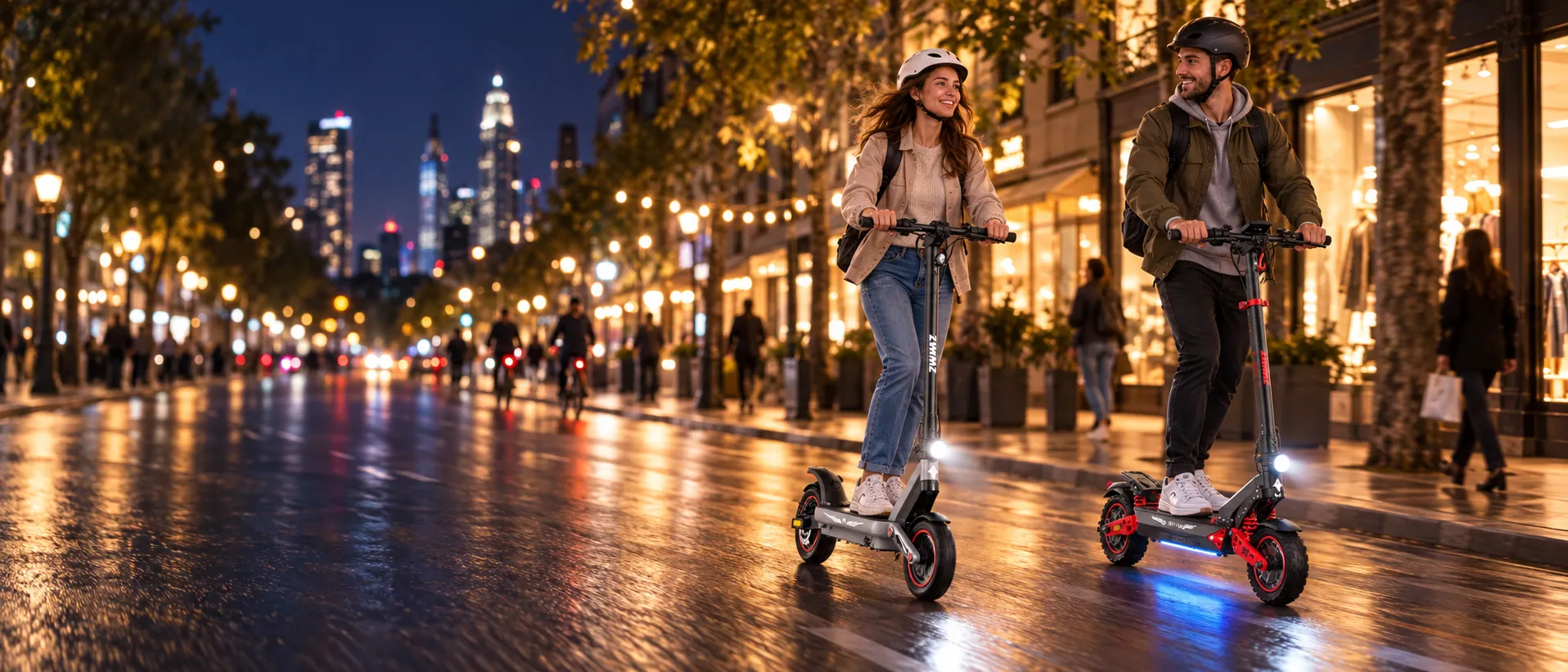 Two riders on Zwheel daily-travel scooters on a warmly lit city street at night