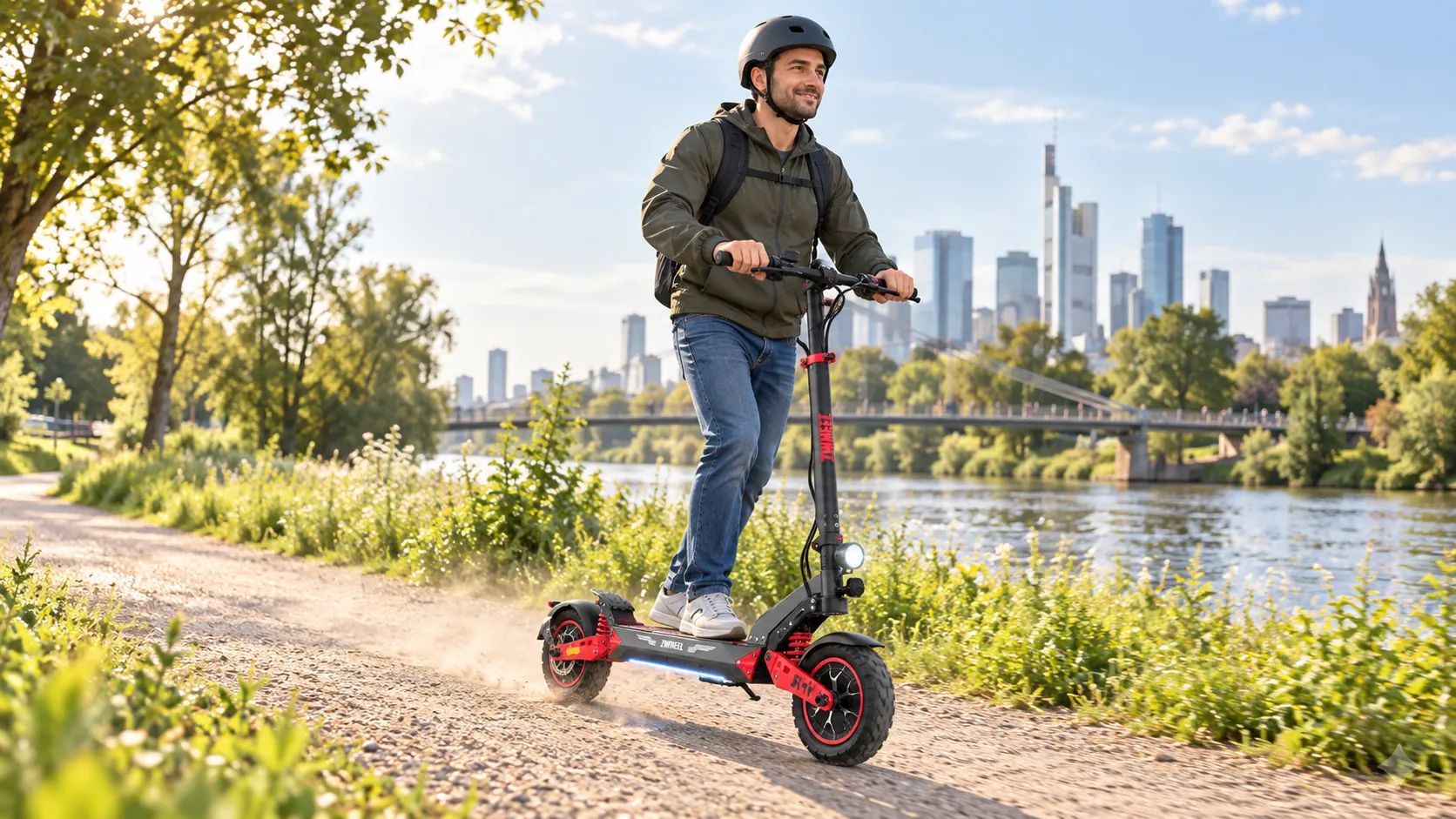 A rider on a Zwheel ZSB2 along a riverside gravel path on a sunny weekend