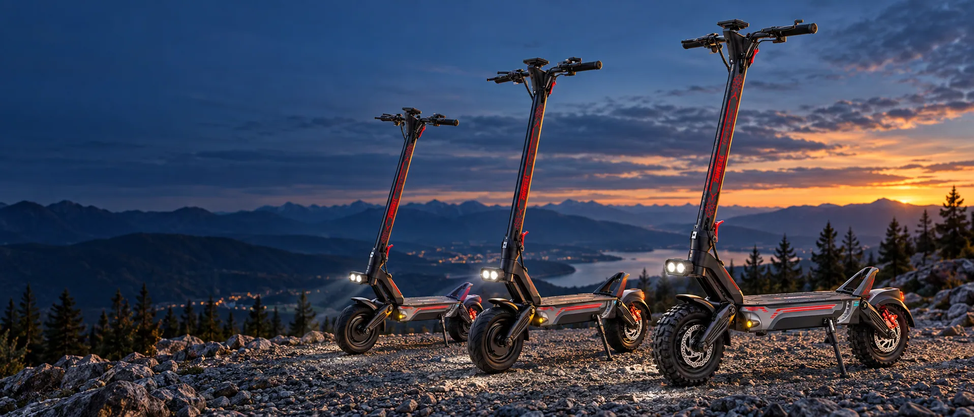 The three Zwheel off-road scooters lined up on a gravel ridge at blue hour