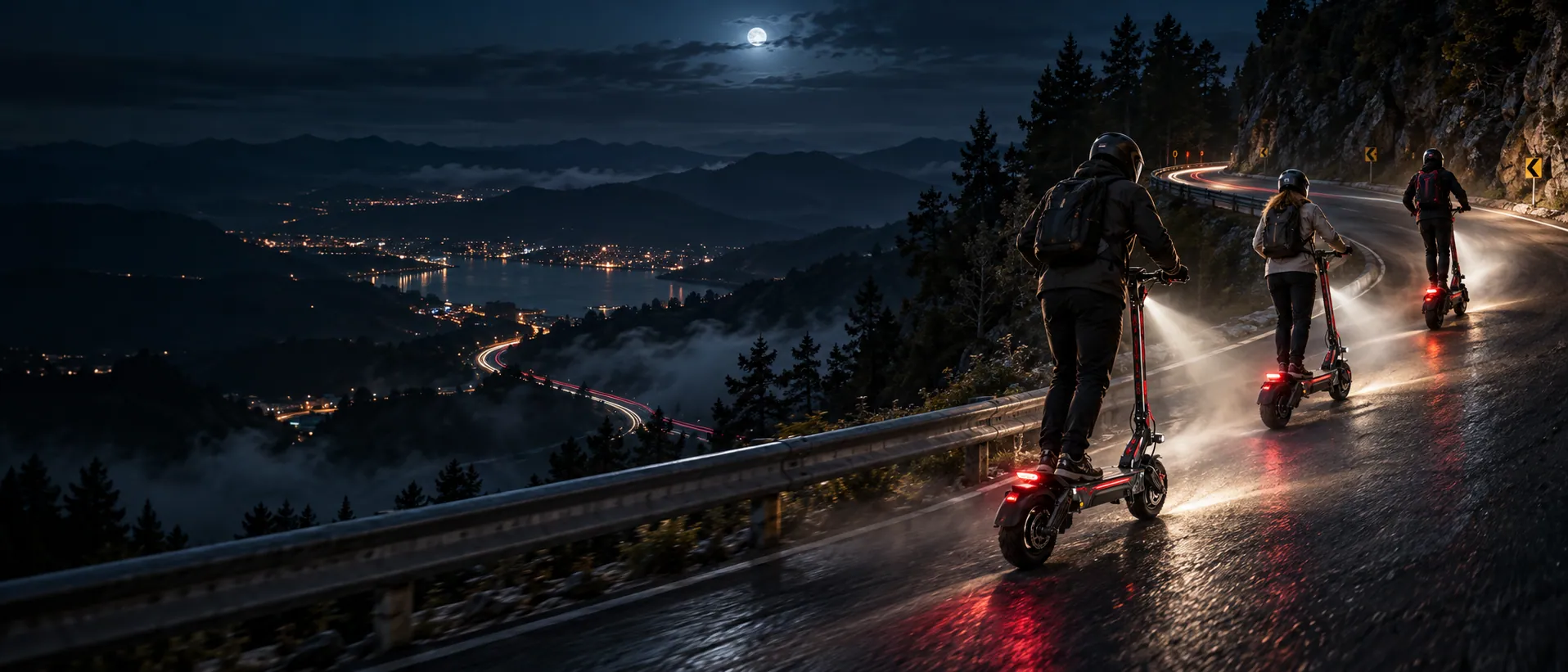 Three Zwheel off-road scooters riding a mountain switchback at night